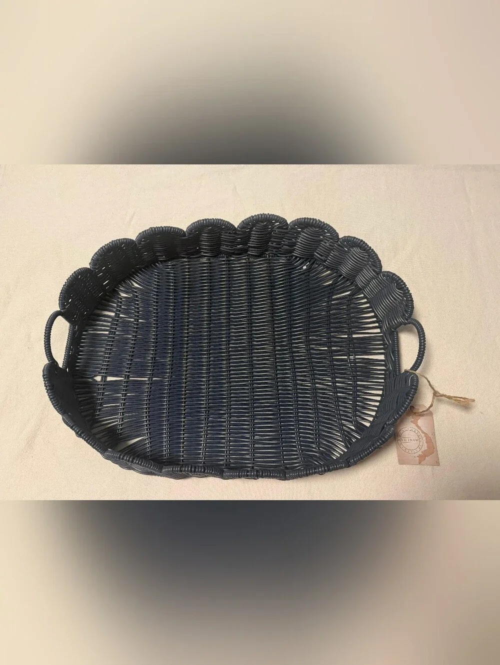 NWT MADE IN VIETNAN Woven Scalloped Edge Serving Tray - Navy Sz 14w 4H 19 L